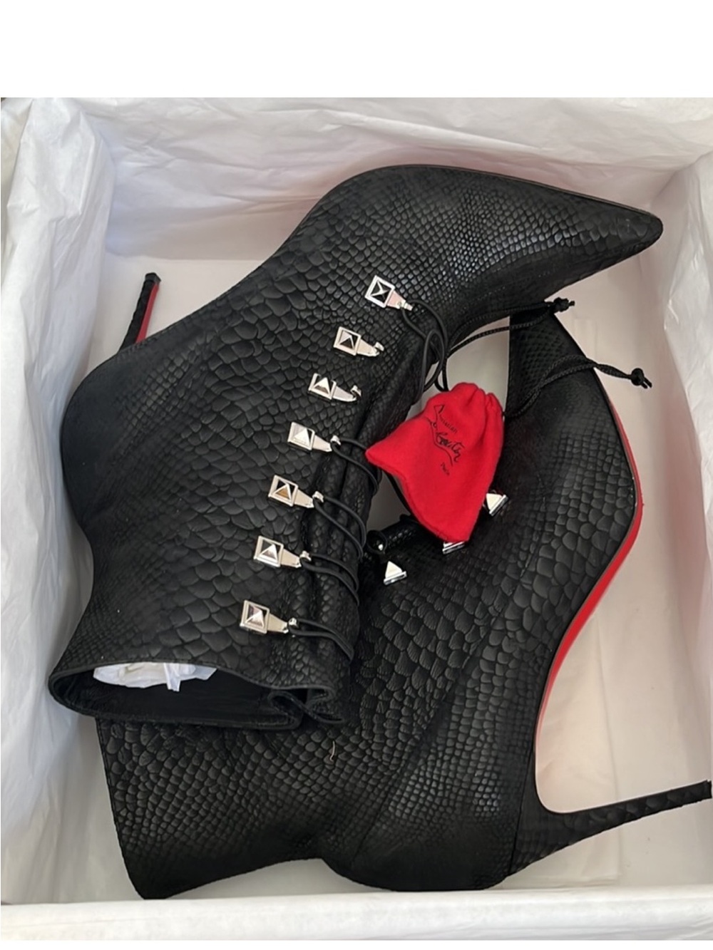 Christian Louboutin Black Textured Lace-Up Ankle Boots with Red Sole